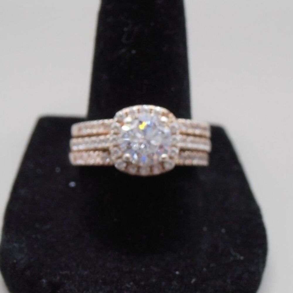 S925 Silver CZ Halo Trio Ring – Size 8 – Fused Bands w/ Missing Stone